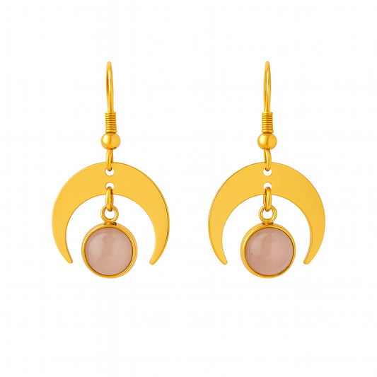 MOON SHADOW Rose Quartz Dainty Moon Earrings Gold