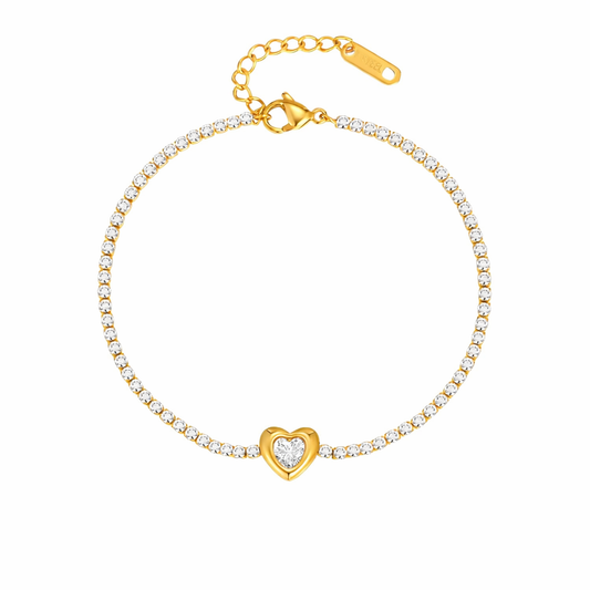 VALORA Heart Charm Cubic Zirconia Tennis Bracelet Gold