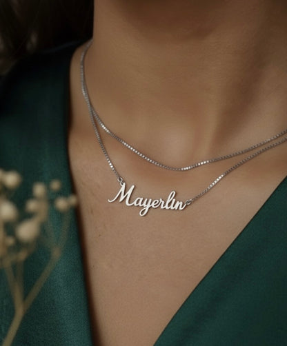 Personalized Name Modern Script Font Box Chain Necklace Silver