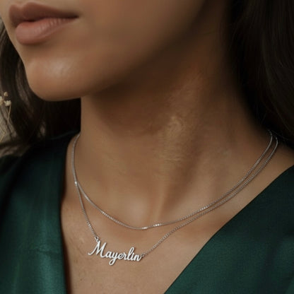 Personalized Name Modern Script Font Box Chain Necklace Silver