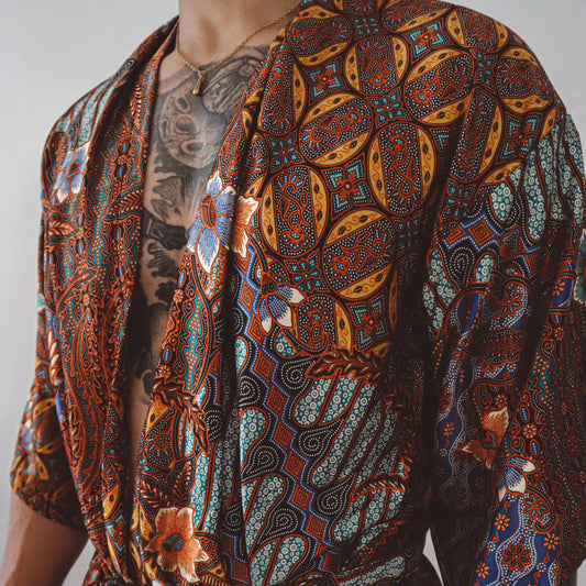 Purple & Orange Floral Silk Kimono and Shorts Set for Men