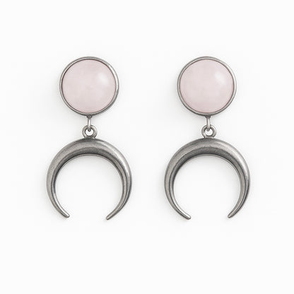 ANUK Rose Quartz Crescent Moon Charm Earrings Silver