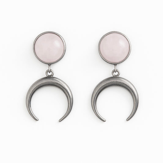 ANUK Rose Quartz Crescent Moon Charm Earrings Silver