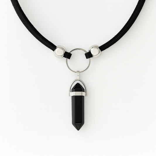 Crystal Point Silver O Ring Black Choker Necklace