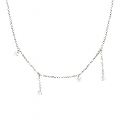 Silver necklace with small pendants on a white background