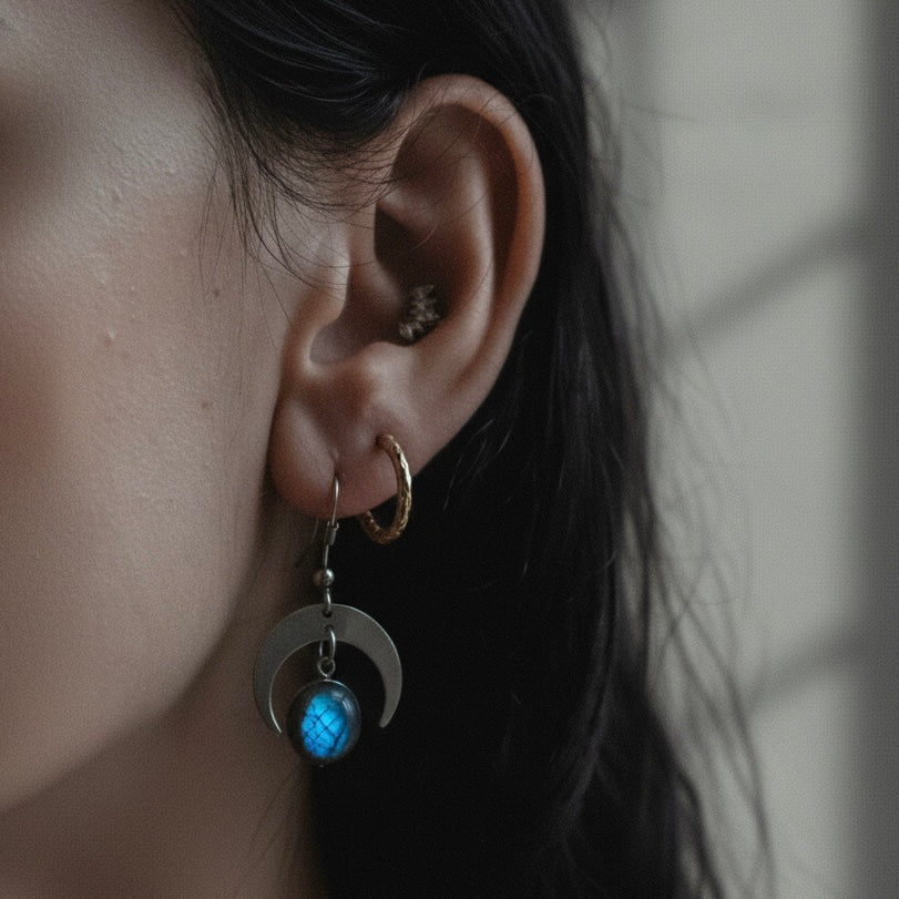 MOON SHADOW Blue Labradorite Dainty Moon Earrings Silver