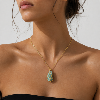 VERDELLE Raw Amazonite Caged Pendant Necklace Gold