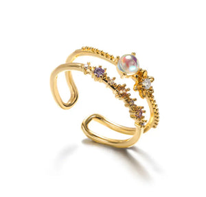 FLORA Zircon and Pearl Double Ring - Gold