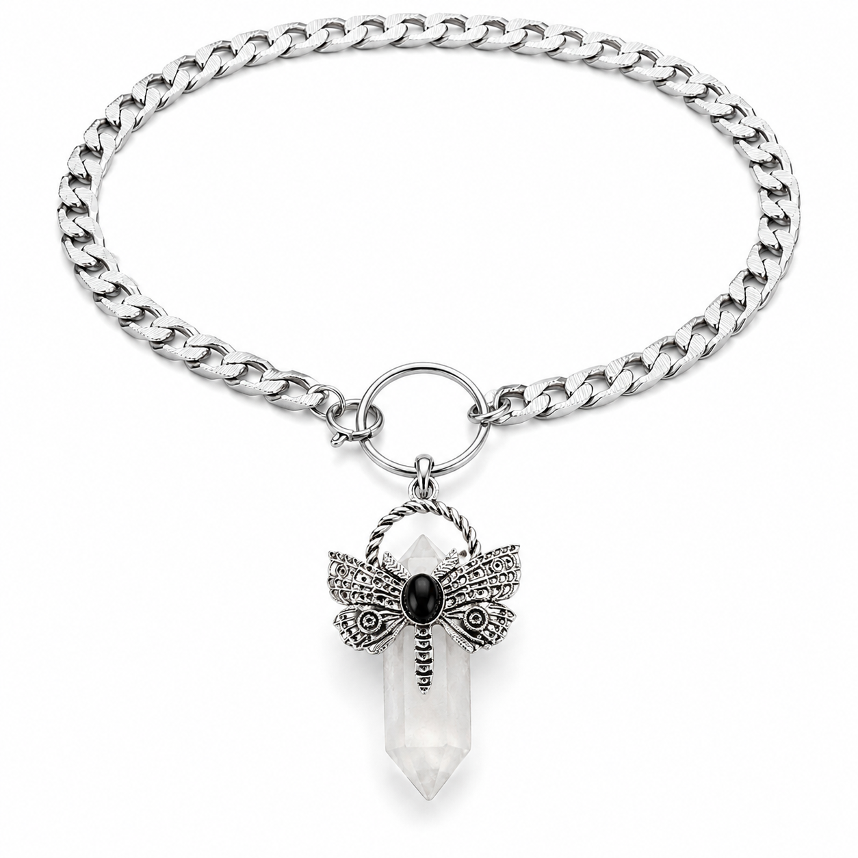 XAYA Crystal Quartz Moth Pendant Choker Necklace Silver