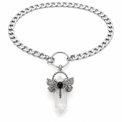 XAYA Crystal Quartz Moth Pendant Choker Necklace Silver