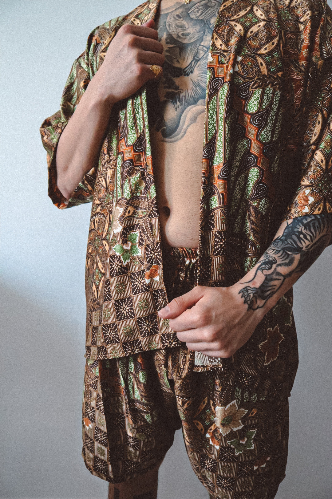 Brown Gold Silk Kimono and Shorts Set Mens - Earth Nomad