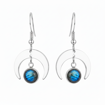 MOON SHADOW Blue Labradorite Dainty Moon Earrings Silver