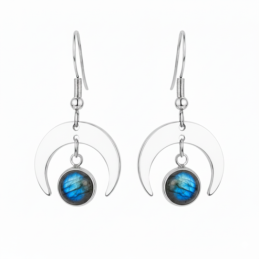 MOON SHADOW Blue Labradorite Dainty Moon Earrings Silver