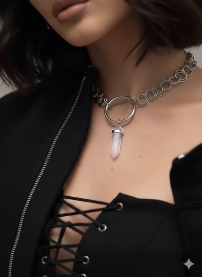 CODE OF AURA Rainbow Aura Quartz Chainmail O Ring Choker Necklace