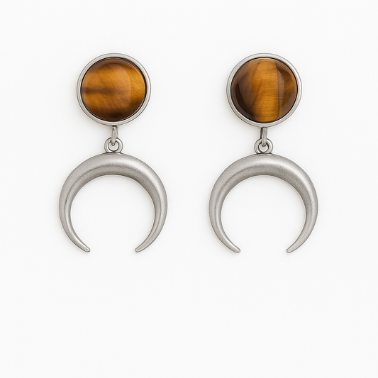 ANUK Tiger's Eye Stud Crescent Moon Earrings Silver