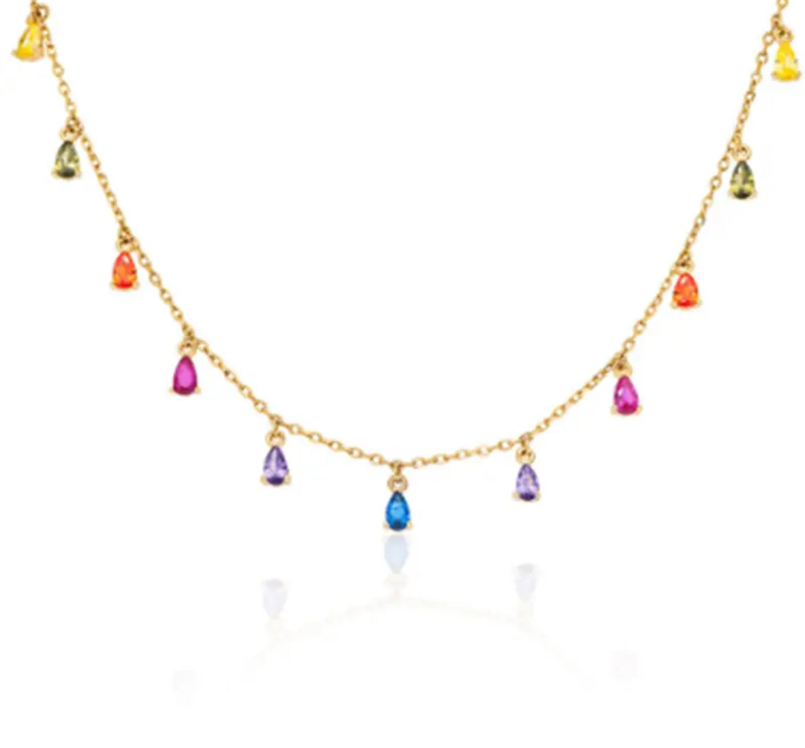 NIA Rainbow Drop Zircon Charm Necklace Gold 925 Silver