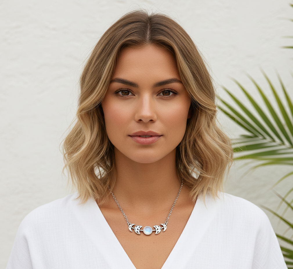 MOON PHASES Rainbow Moonstone Necklace Silver
