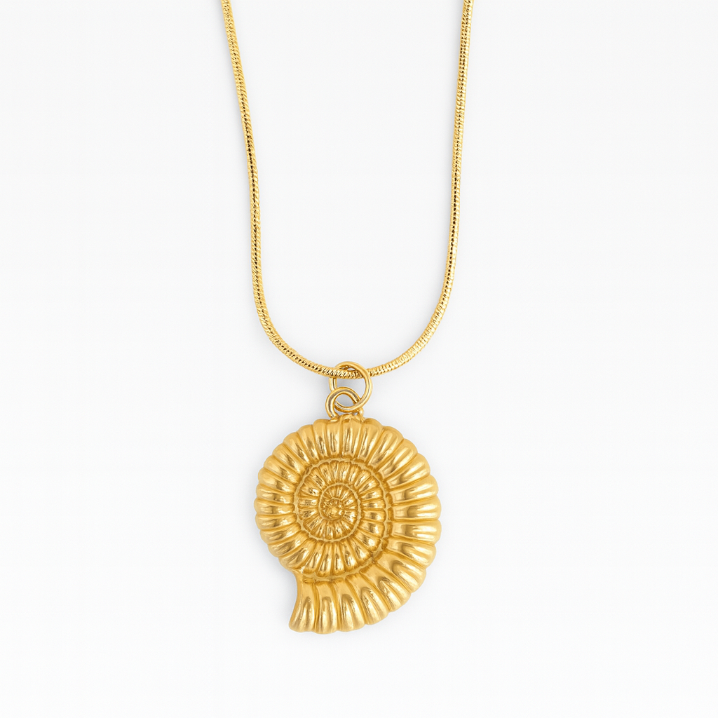 Gold Ammonite Shell Pendant Necklace: Stainless Steel Ocean Jewelry