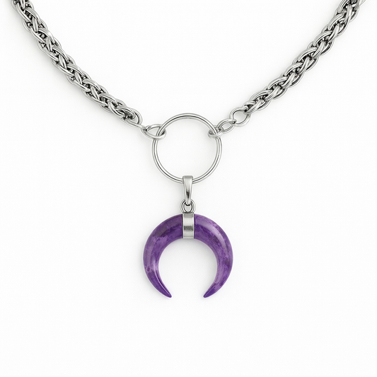 AURA Amethyst Horn O Ring Wheat Chain Choker Silver