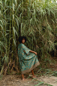 Turquoise Long Silk Kimono Womens Floral - Himalayan Poppy
