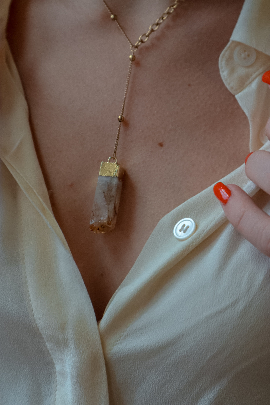 RAW Citrine Pendant Lariat Chain Necklace Gold