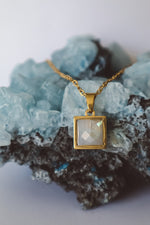 Load image into Gallery viewer, Rainbow Moonstone Square Pendant Necklace - Gold

