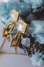 Load image into Gallery viewer, Rainbow Moonstone Square Chain Dangle Stud Earrings - Gold
