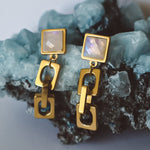 Load image into Gallery viewer, Rainbow Moonstone Square Chain Dangle Stud Earrings - Gold
