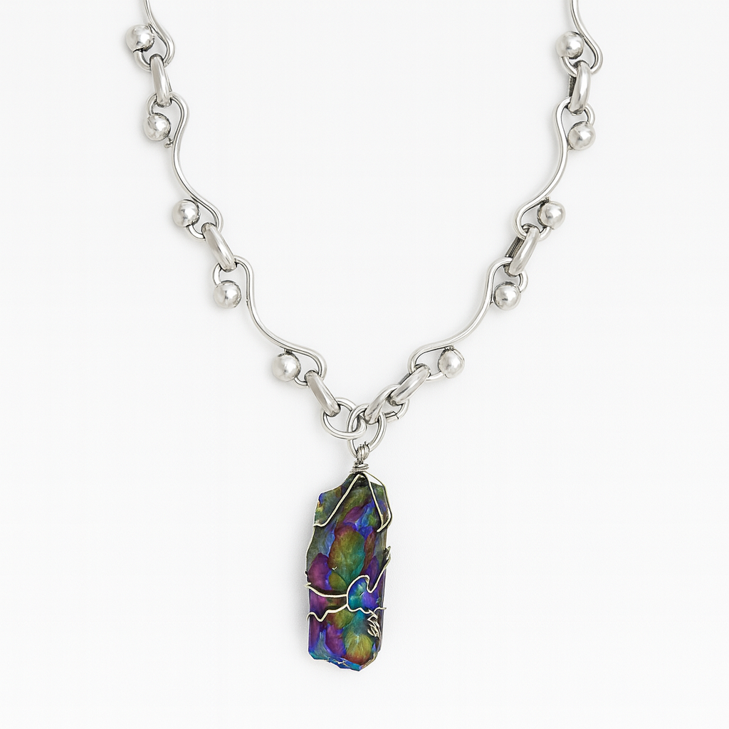 Necklace with a multicolored pendant on a white background