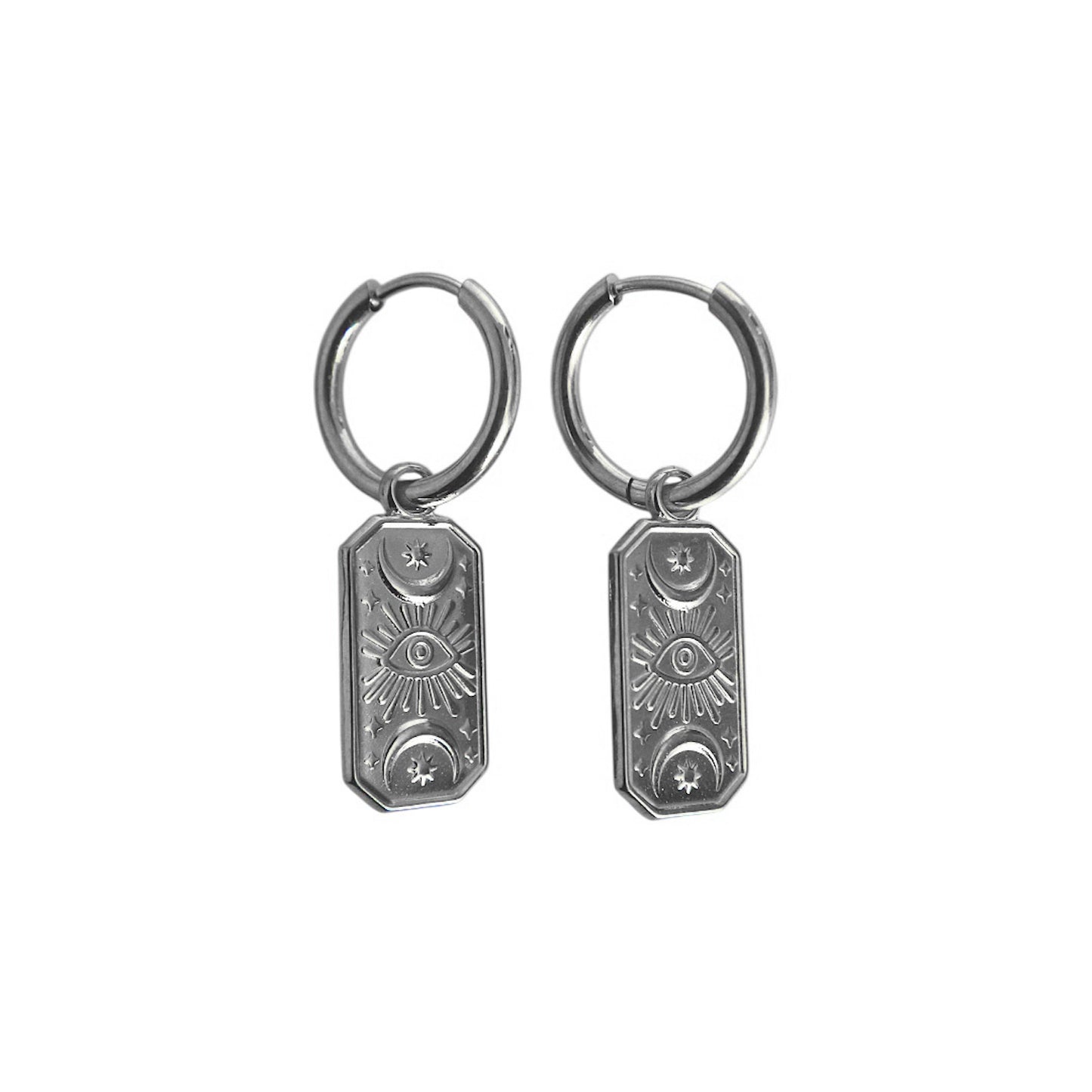 LUNAR GAZE Evil Eye Dangle Charm Hoop Earrings Silver