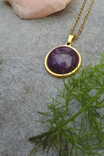 Amethyst Statement Pendant Necklace Gold - s o l i s t i a l