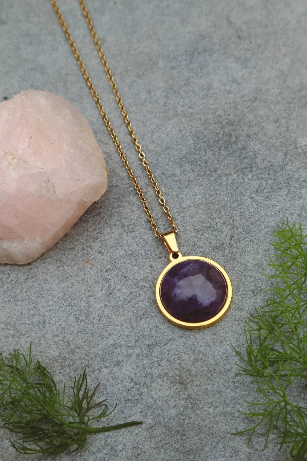 Amethyst Statement Pendant Necklace Gold - s o l i s t i a l