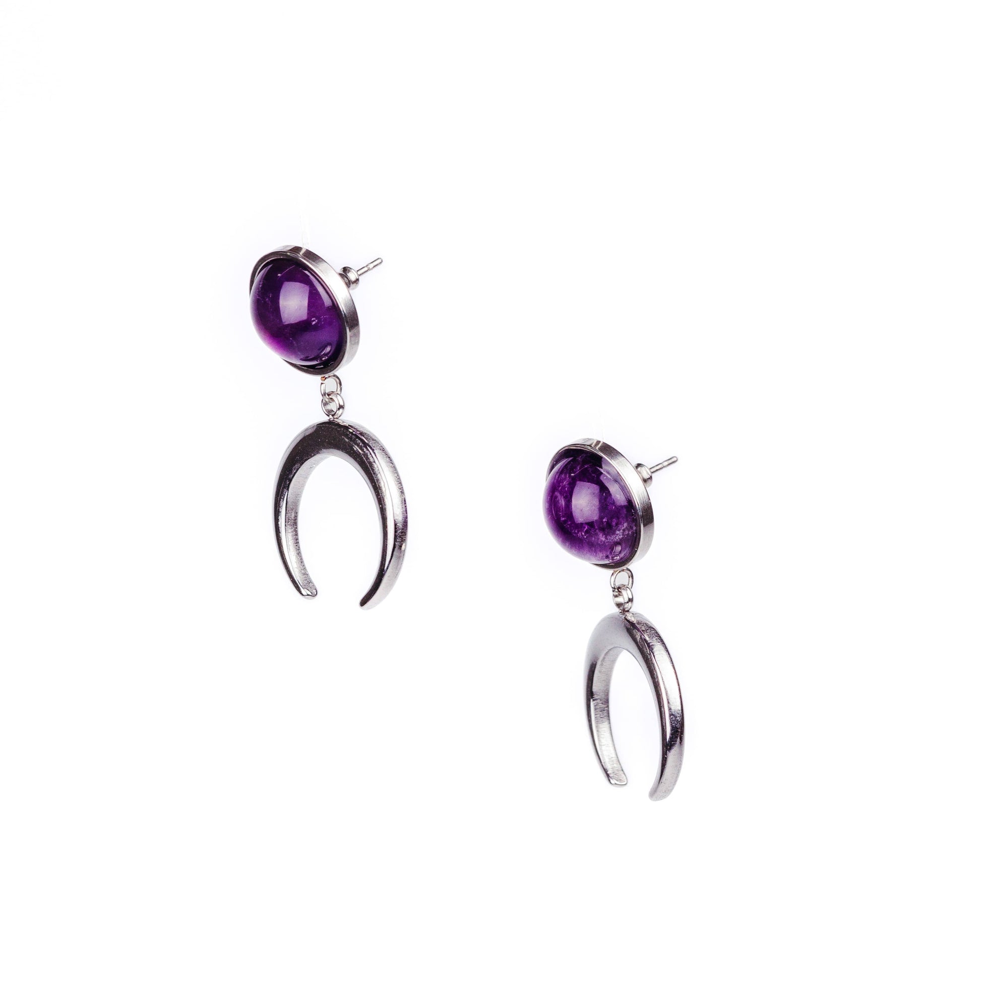 ANUK Amethyst Stud Crescent Moon Earrings Silver