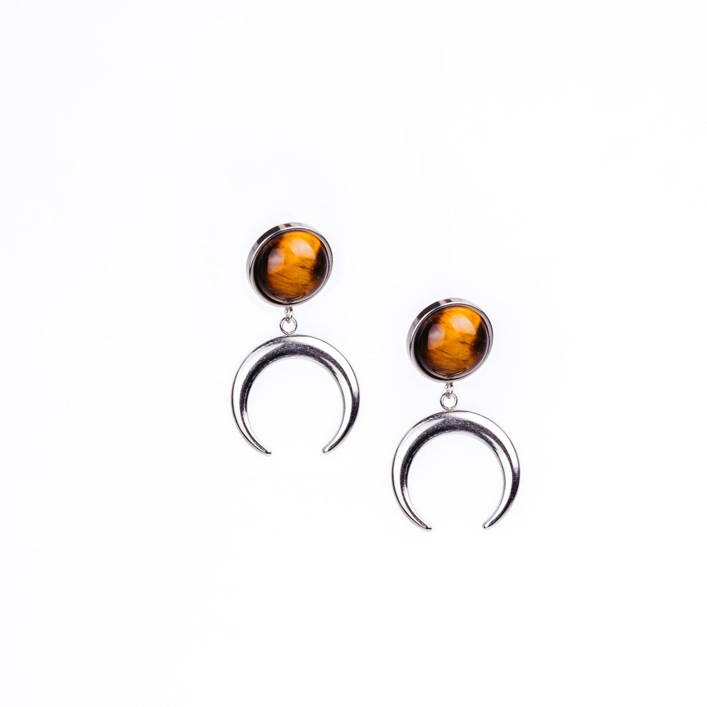 ANUK Tiger's Eye Stud Crescent Moon Earrings Silver - s o l i s t i a l