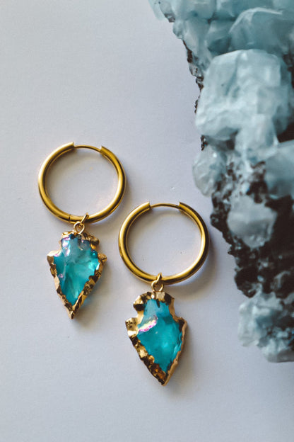 Aqua Aura Quartz Arrowhead Earrings Gold - s o l i s t i a l