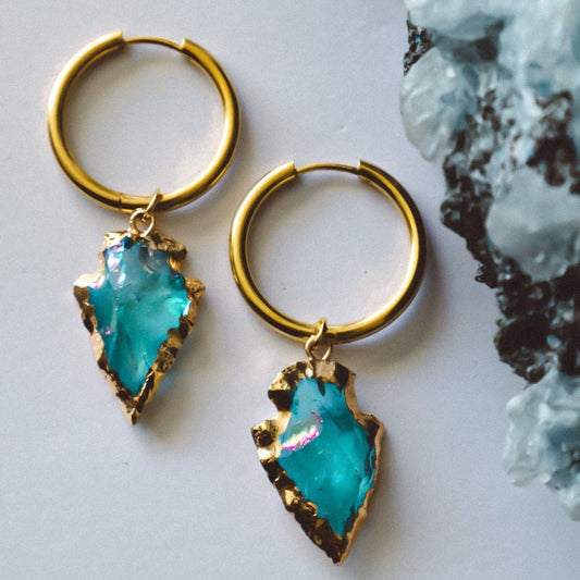 Aqua Aura Quartz Arrowhead Earrings Gold - s o l i s t i a l