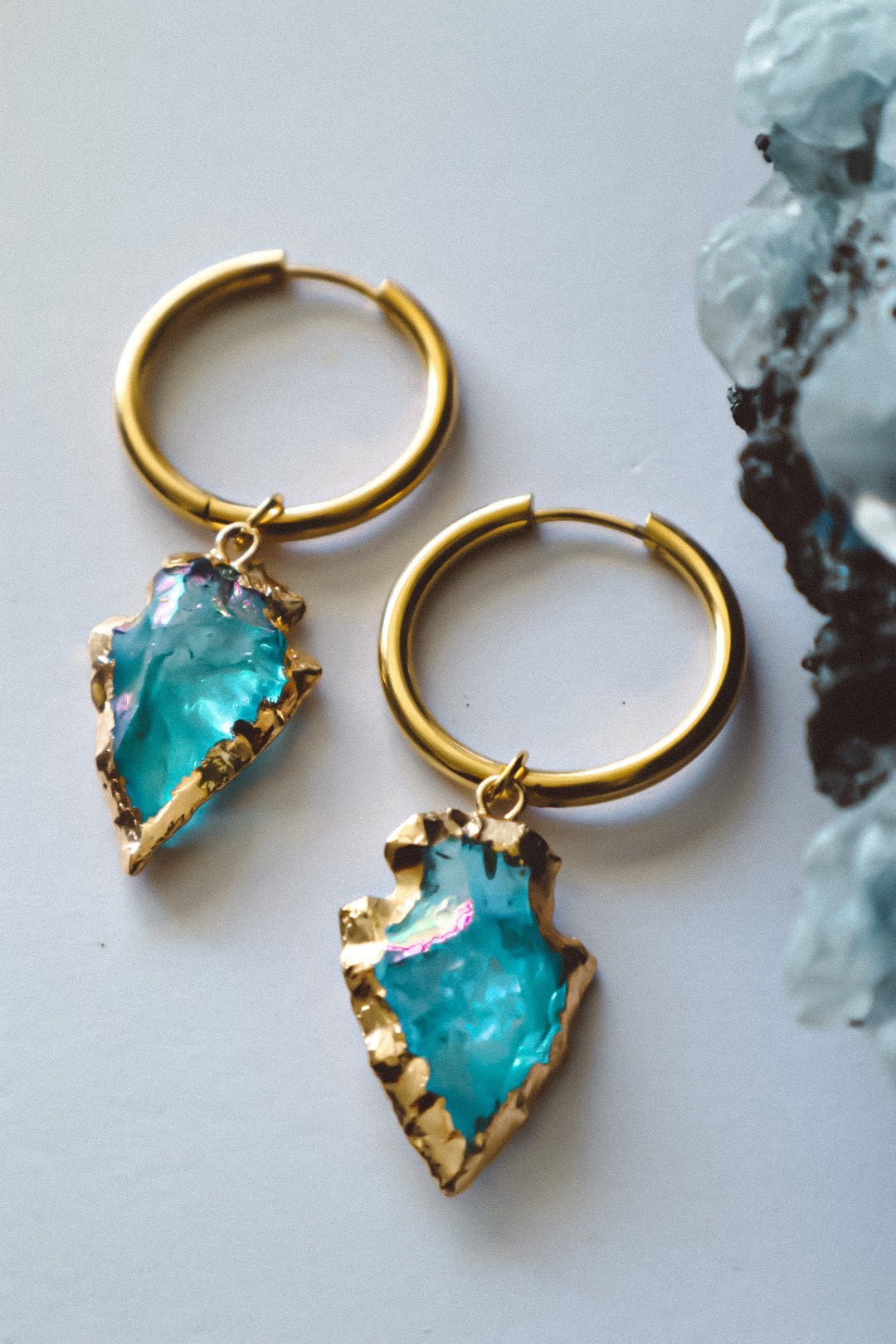 Aqua Aura Quartz Arrowhead Earrings Gold - s o l i s t i a l