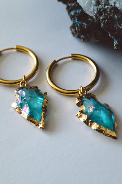 Aqua Aura Quartz Arrowhead Earrings Gold - s o l i s t i a l