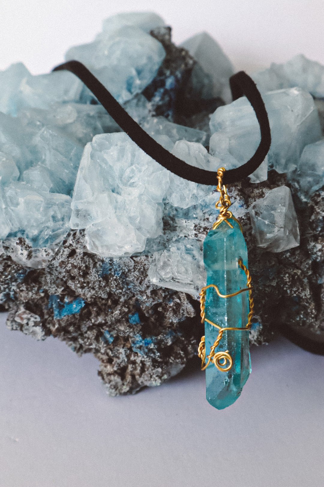 Aqua Aura Quartz Wire Wrapped Necklace Gold - s o l i s t i a l