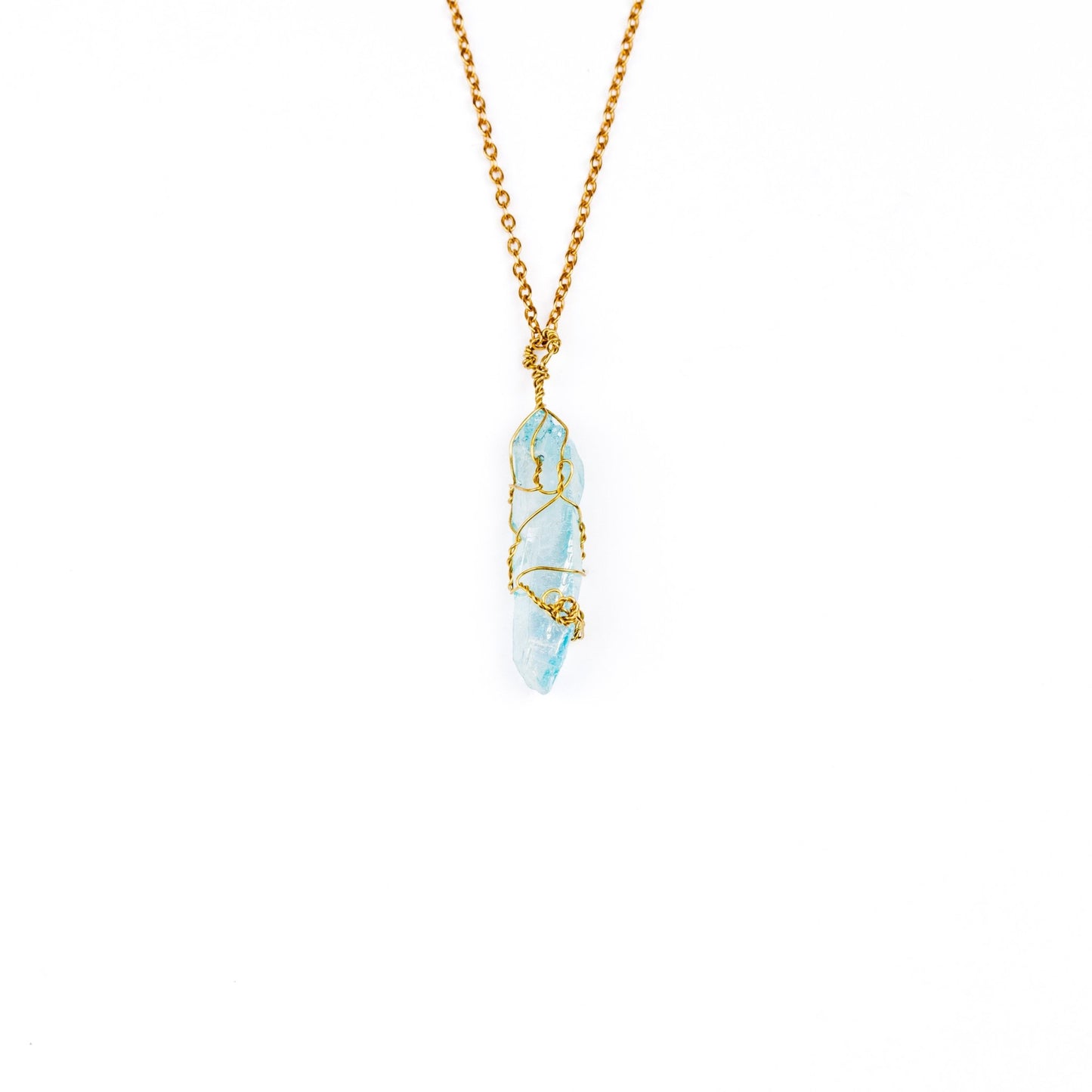 Aqua Aura Quartz Wire Wrapped Necklace Gold - s o l i s t i a l