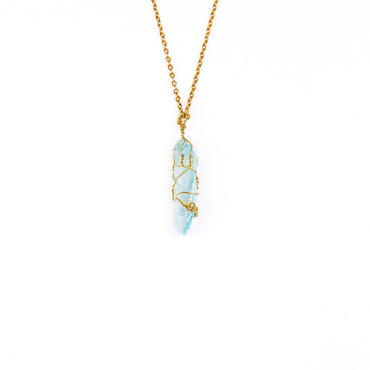 Aqua Aura Quartz Wire Wrapped Necklace Gold - s o l i s t i a l