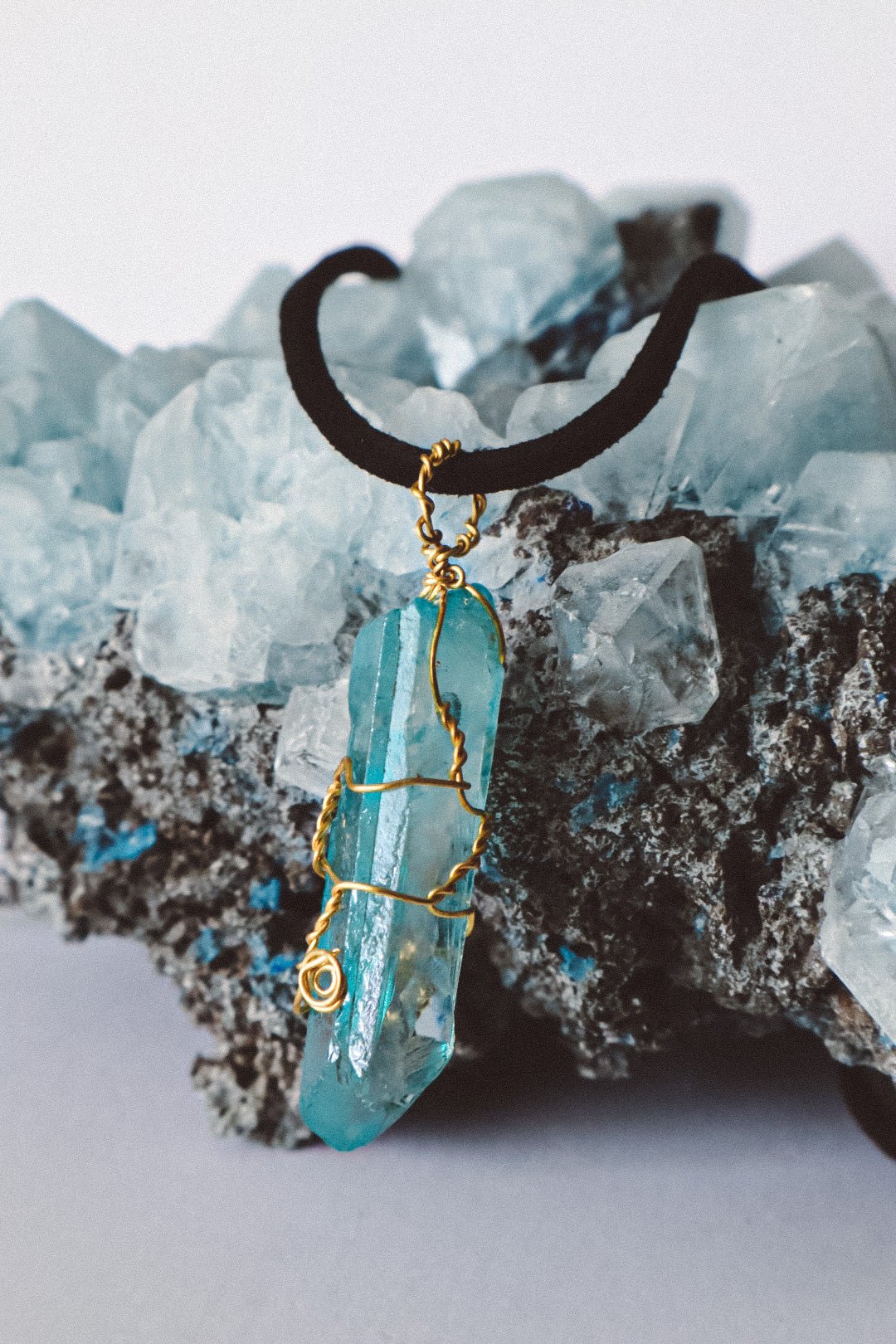 Aqua Aura Quartz Wire Wrapped Necklace Gold - s o l i s t i a l