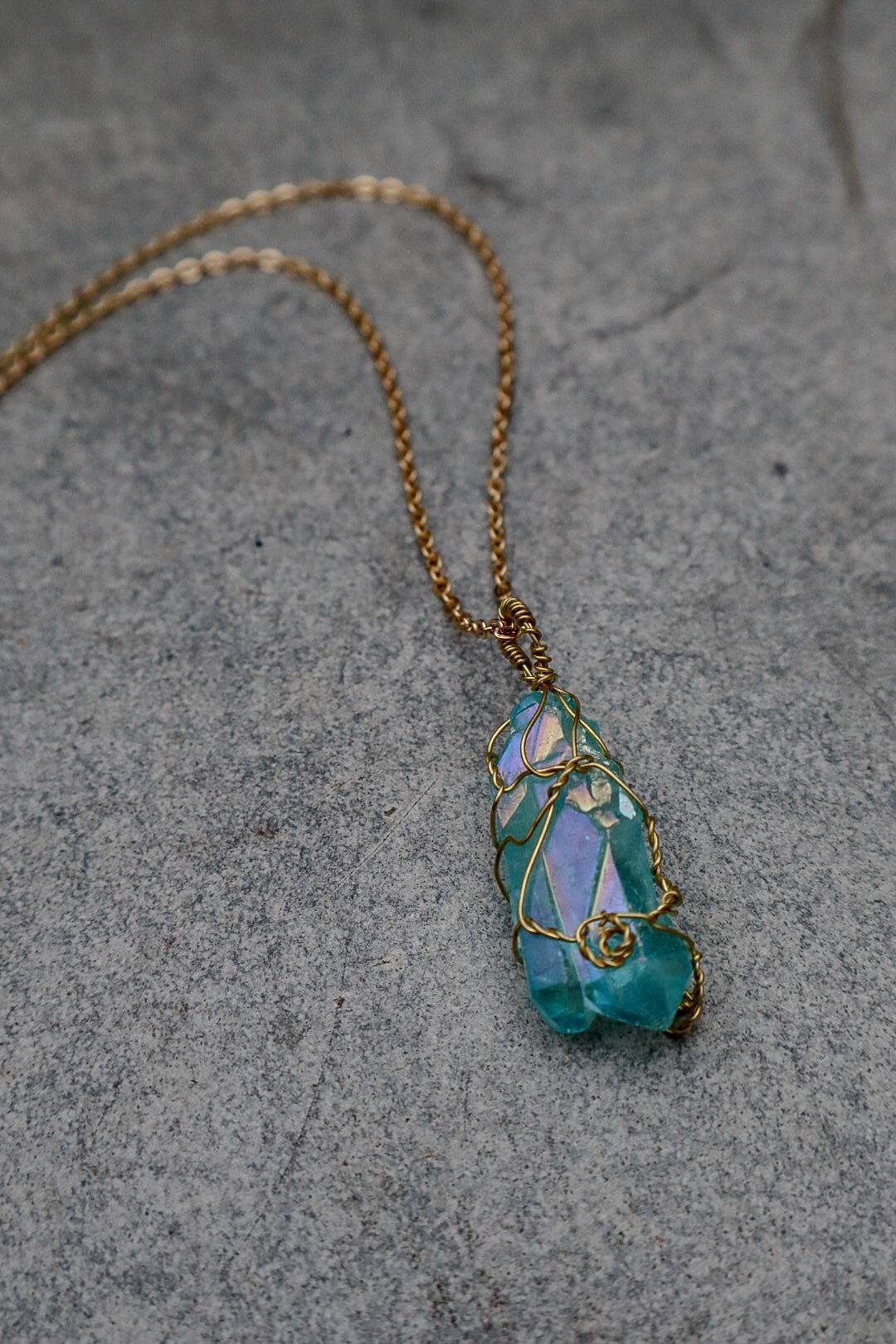 Aqua Aura Quartz Wire Wrapped Necklace Gold - s o l i s t i a l