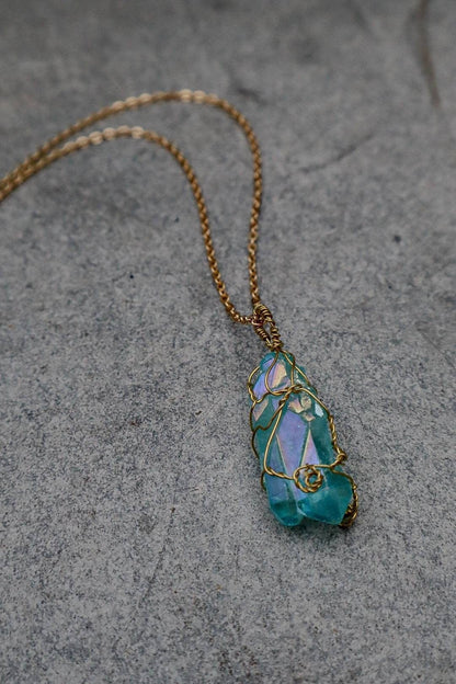 Aqua Aura Quartz Wire Wrapped Necklace Gold - s o l i s t i a l