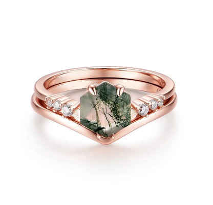 ARANYA Moss Agate Ring Set Rose Gold - s o l i s t i a l