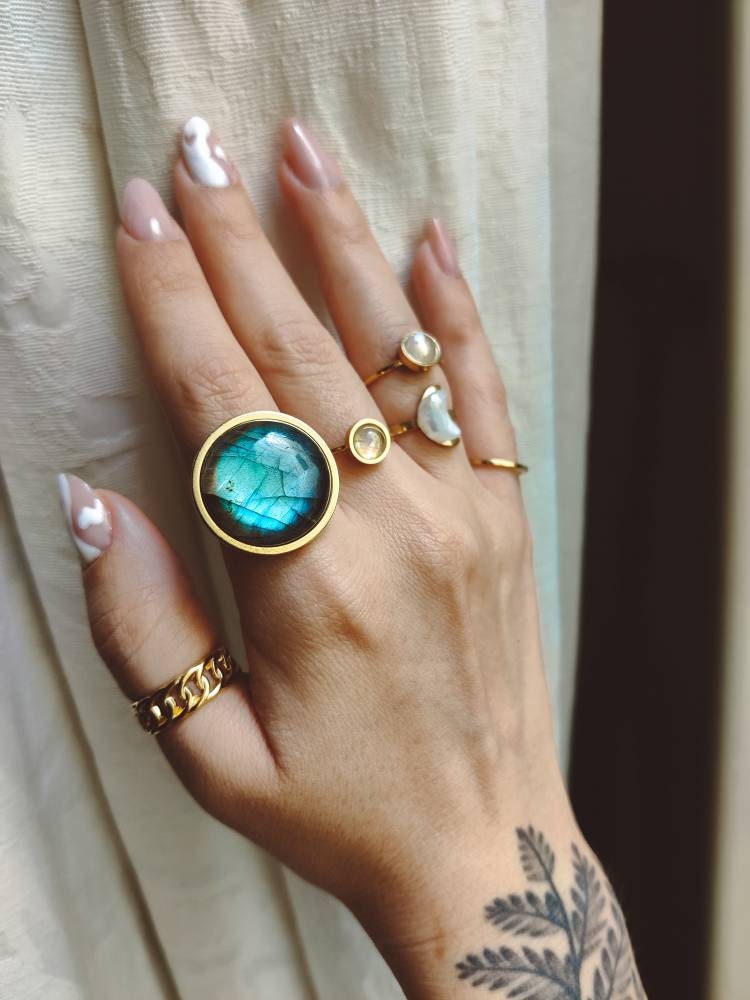 AYA Blue Labradorite Statement Ring Gold - s o l i s t i a l