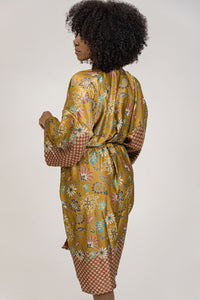Womens Yellow Floral Silk Kimono Robe - Marigold