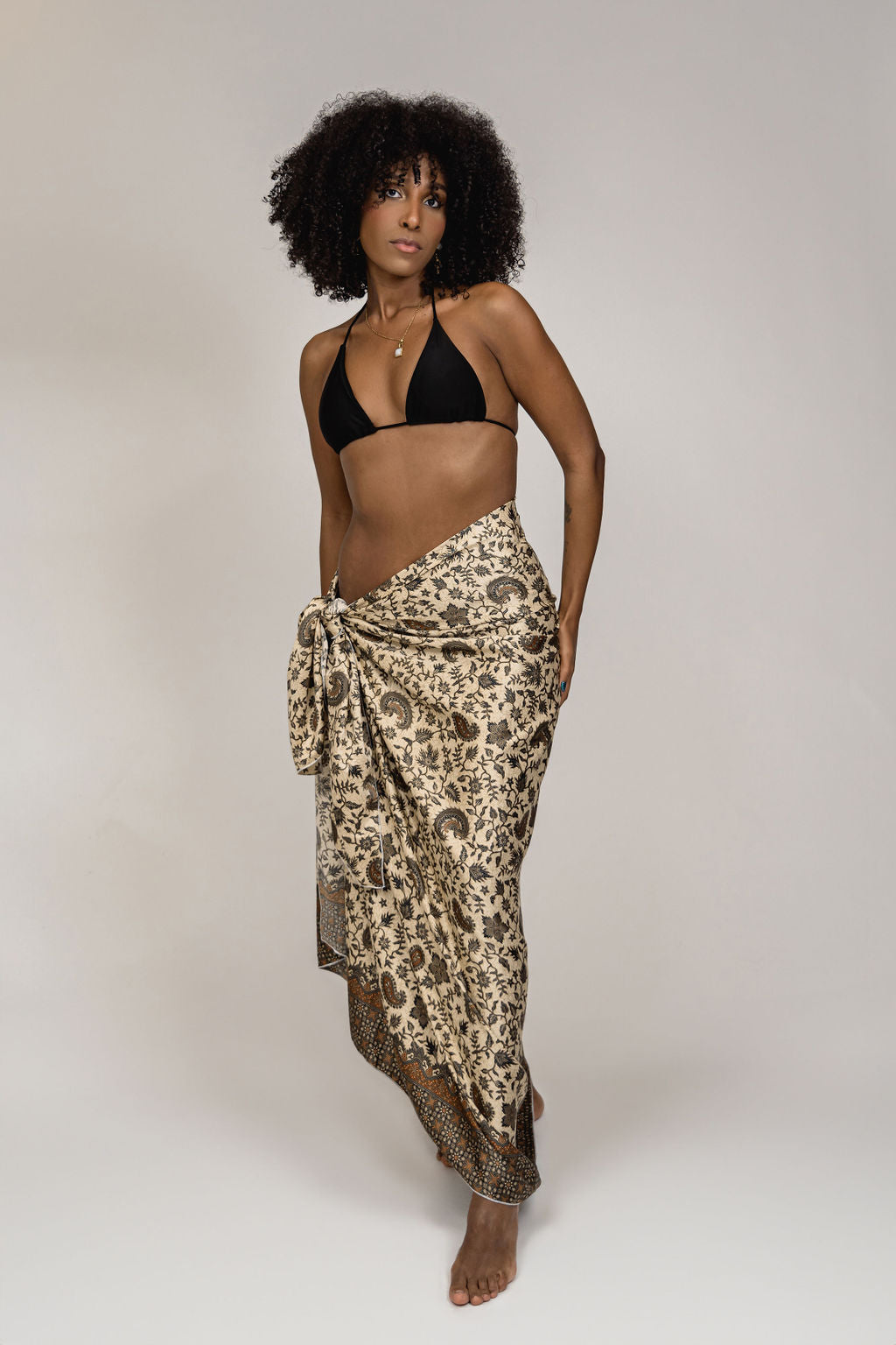 Beige Brown Floral Silk Sarong Shawl Womens