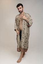 Cargar imagen en el visor de la galería, Mens Beige Brown Floral Silk Long Kimono Robe Floor Length
