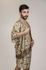 Load image into Gallery viewer, Beige Brown Floral Silk Kimono Shorts Set Mens
